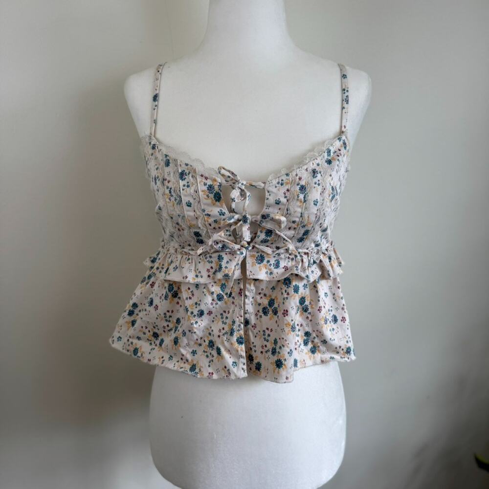 Free People Milkmaid XS Cottage Cotton Cream Tie Button Front Floral Ruffle Top